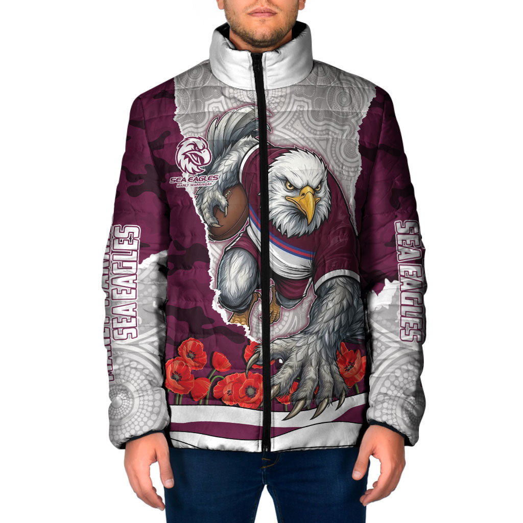 Personalized Sea Eagles ANZAC Tribute Padded Jacket Poppy Field Soldier Silhouette Aboriginal Rugby Mascot