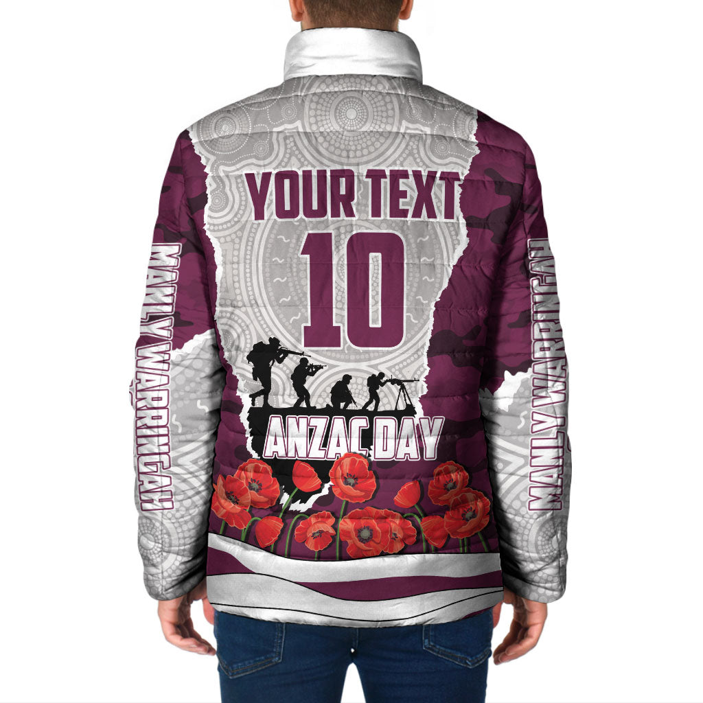 Personalized Sea Eagles ANZAC Tribute Padded Jacket Poppy Field Soldier Silhouette Aboriginal Rugby Mascot