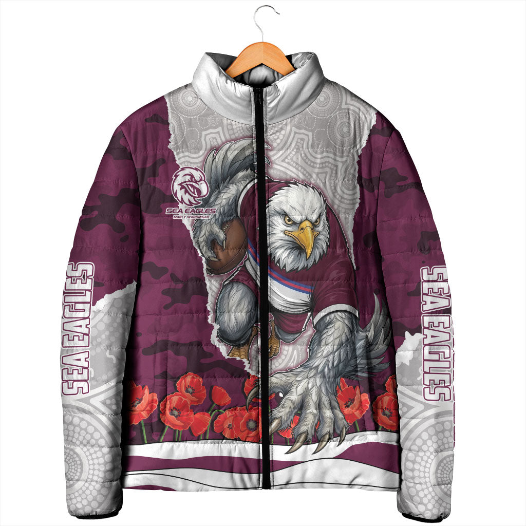 Personalized Sea Eagles ANZAC Tribute Padded Jacket Poppy Field Soldier Silhouette Aboriginal Rugby Mascot