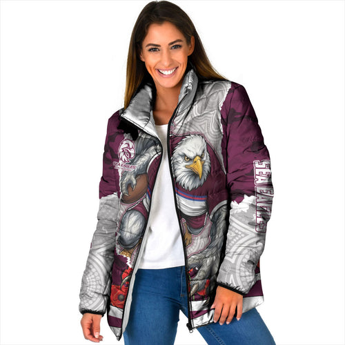 Personalized Sea Eagles ANZAC Tribute Padded Jacket Poppy Field Soldier Silhouette Aboriginal Rugby Mascot