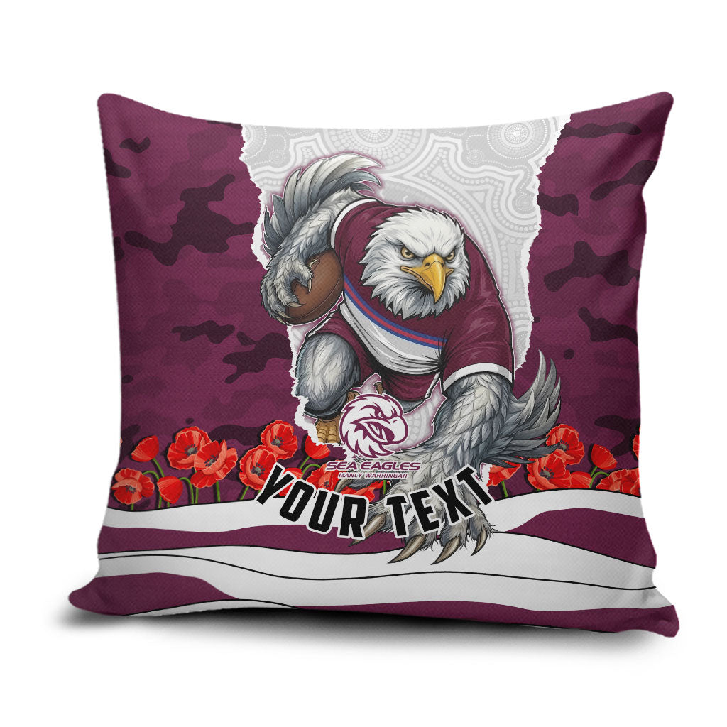 Personalized Sea Eagles ANZAC Tribute Pillow Cover Poppy Field Soldier Silhouette Aboriginal Rugby Mascot