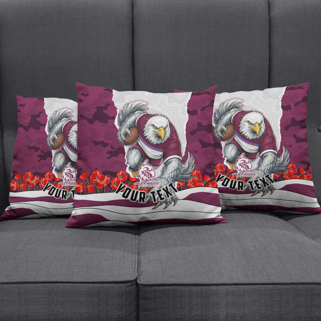 Personalized Sea Eagles ANZAC Tribute Pillow Cover Poppy Field Soldier Silhouette Aboriginal Rugby Mascot