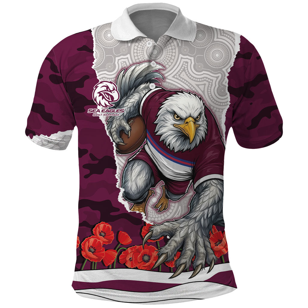 Personalized Sea Eagles ANZAC Tribute Polo Shirt Poppy Field Soldier Silhouette Aboriginal Rugby Mascot