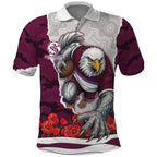 Personalized Sea Eagles ANZAC Tribute Polo Shirt Poppy Field Soldier Silhouette Aboriginal Rugby Mascot