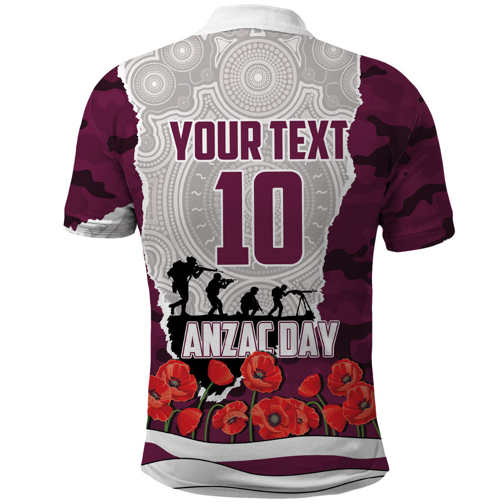 Personalized Sea Eagles ANZAC Tribute Polo Shirt Poppy Field Soldier Silhouette Aboriginal Rugby Mascot