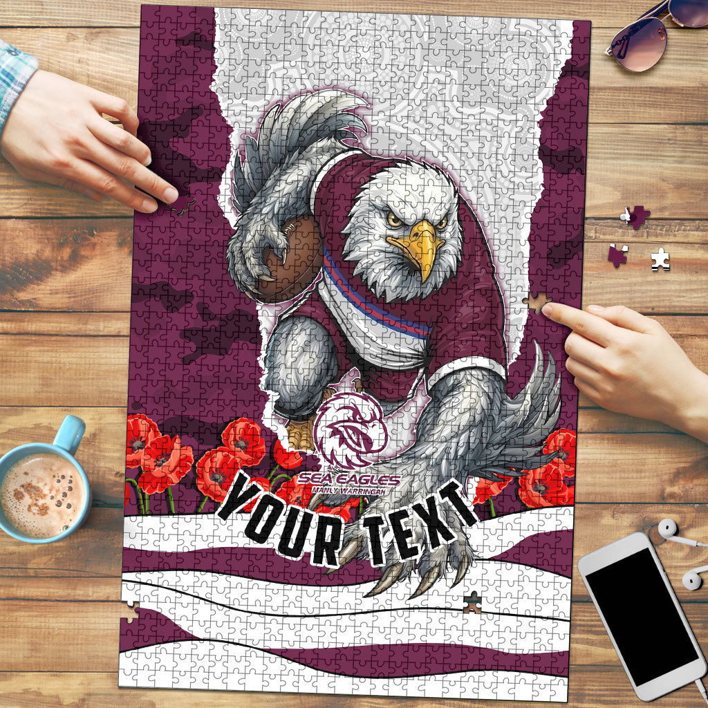 Personalized Sea Eagles ANZAC Tribute Puzzle Poppy Field Soldier Silhouette Aboriginal Rugby Mascot