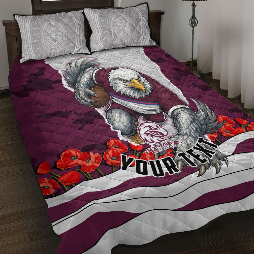 Personalized Sea Eagles ANZAC Tribute Quilt Bed Set Poppy Field Soldier Silhouette Aboriginal Rugby Mascot