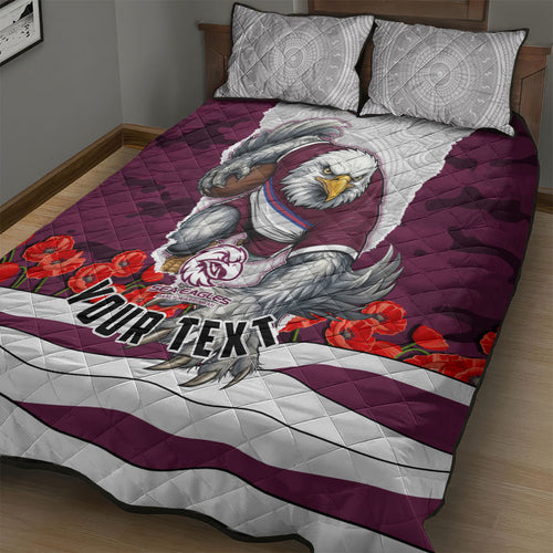 Personalized Sea Eagles ANZAC Tribute Quilt Bed Set Poppy Field Soldier Silhouette Aboriginal Rugby Mascot