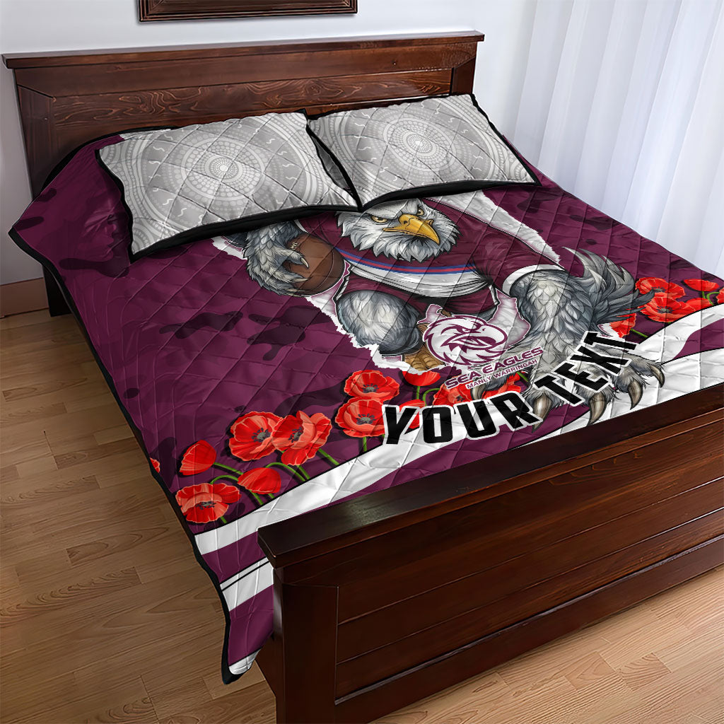 Personalized Sea Eagles ANZAC Tribute Quilt Bed Set Poppy Field Soldier Silhouette Aboriginal Rugby Mascot