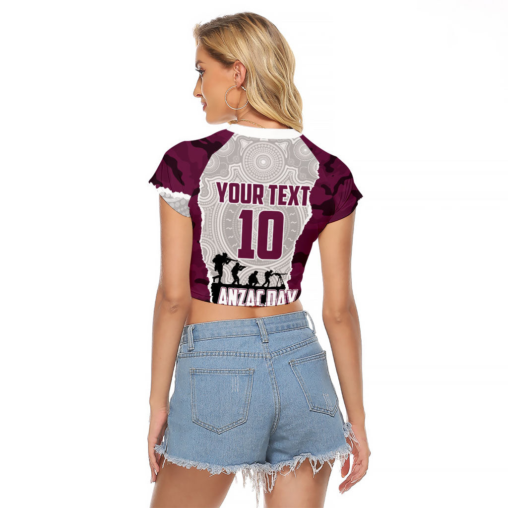 Personalized Sea Eagles ANZAC Tribute Raglan Cropped T Shirt Poppy Field Soldier Silhouette Aboriginal Rugby Mascot