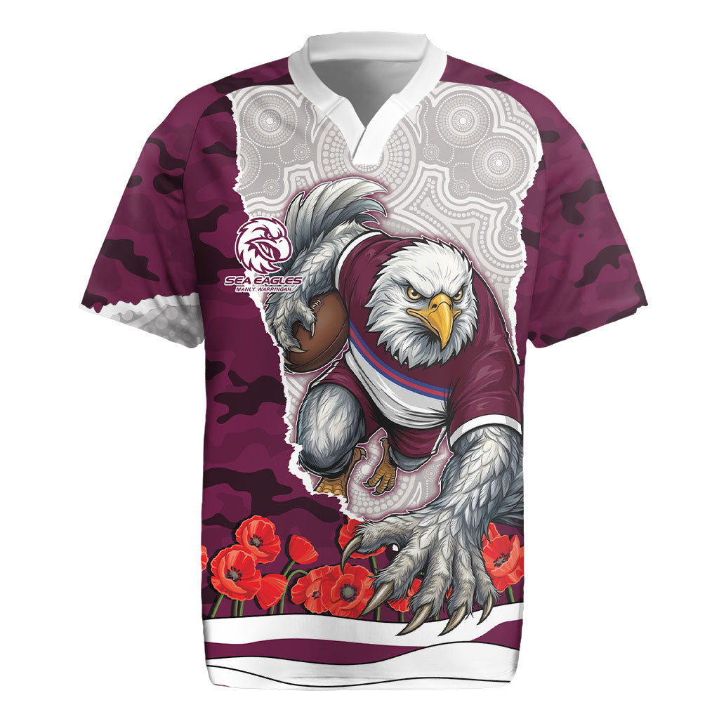 Personalized Sea Eagles ANZAC Tribute Rugby Jersey Poppy Field Soldier Silhouette Aboriginal Rugby Mascot