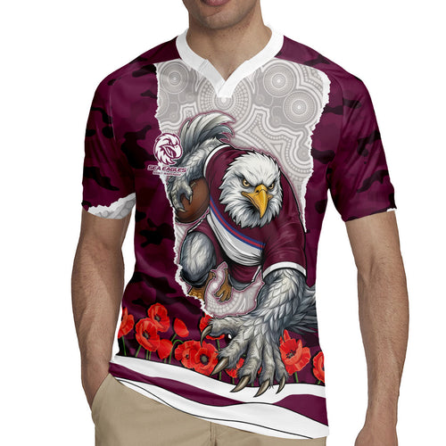 Personalized Sea Eagles ANZAC Tribute Rugby Jersey Poppy Field Soldier Silhouette Aboriginal Rugby Mascot
