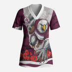 Personalized Sea Eagles ANZAC Tribute Scrub Top Poppy Field Soldier Silhouette Aboriginal Rugby Mascot