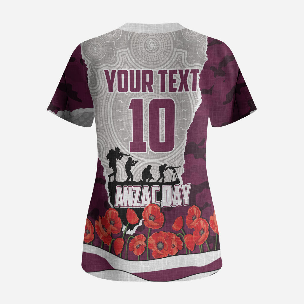 Personalized Sea Eagles ANZAC Tribute Scrub Top Poppy Field Soldier Silhouette Aboriginal Rugby Mascot