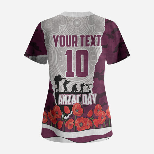 Personalized Sea Eagles ANZAC Tribute Scrub Top Poppy Field Soldier Silhouette Aboriginal Rugby Mascot