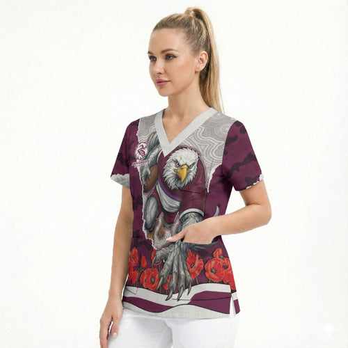 Personalized Sea Eagles ANZAC Tribute Scrub Top Poppy Field Soldier Silhouette Aboriginal Rugby Mascot
