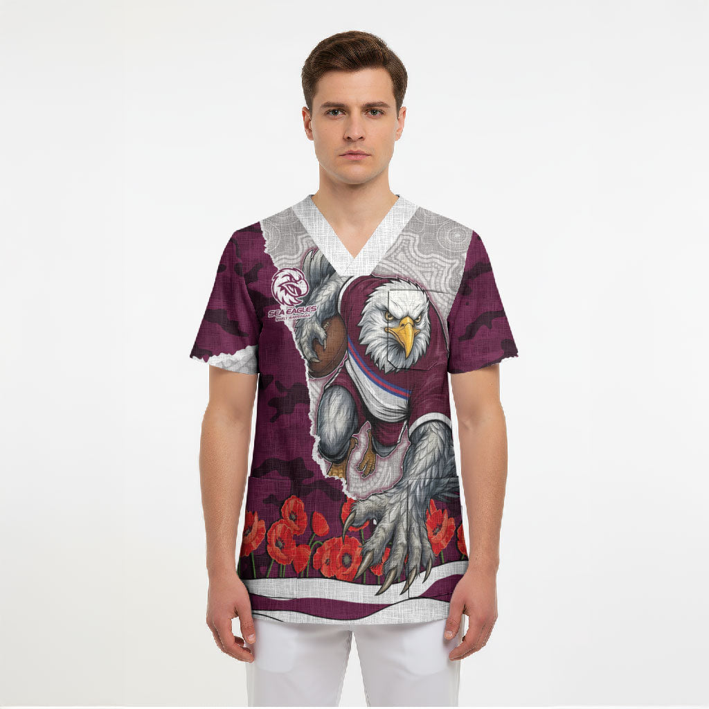 Personalized Sea Eagles ANZAC Tribute Scrub Top Poppy Field Soldier Silhouette Aboriginal Rugby Mascot