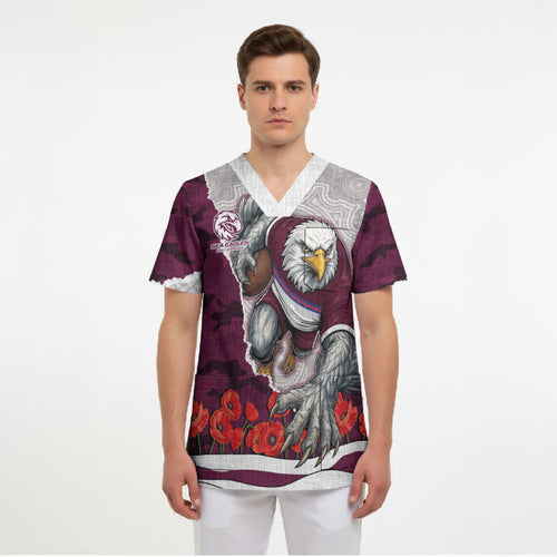 Personalized Sea Eagles ANZAC Tribute Scrub Top Poppy Field Soldier Silhouette Aboriginal Rugby Mascot