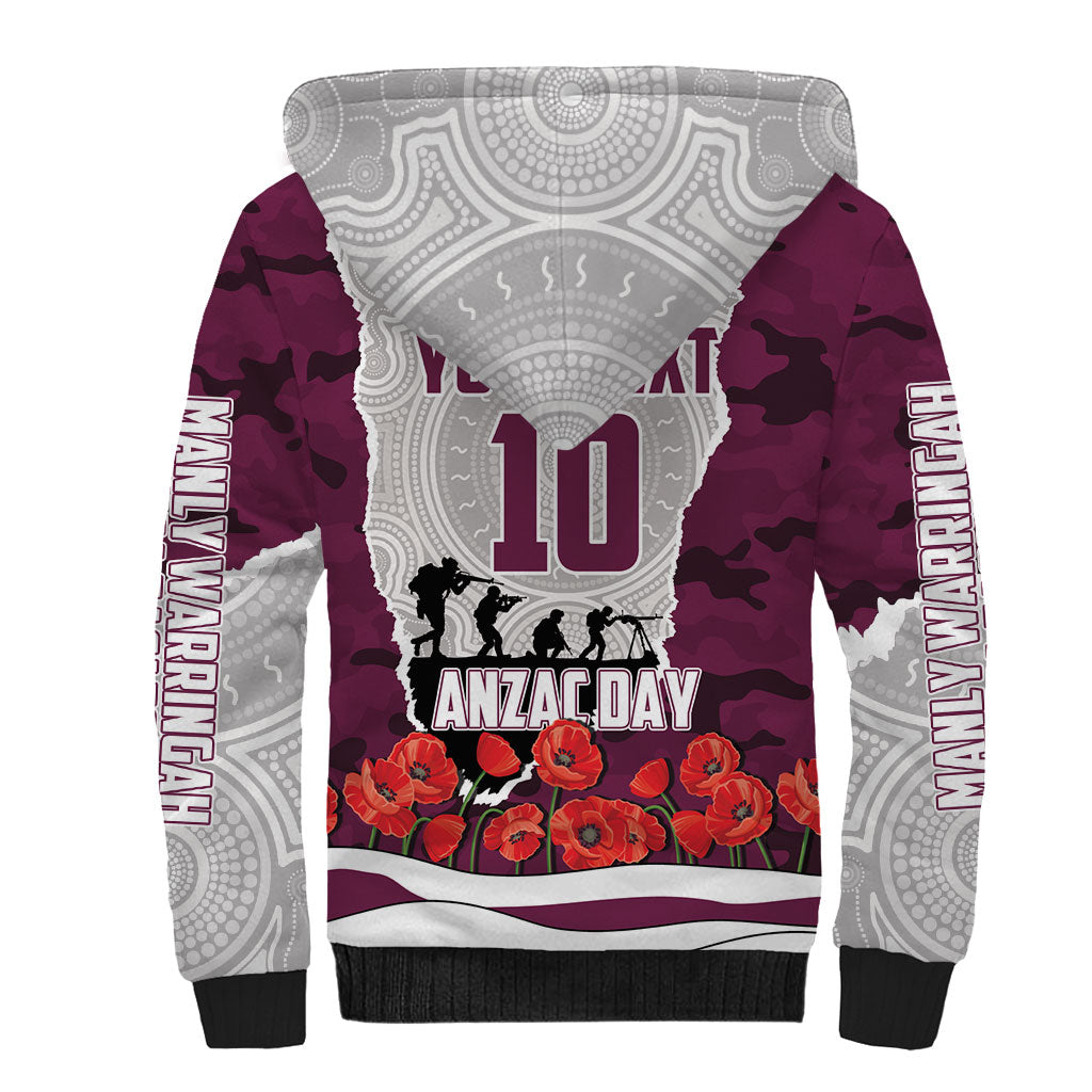 Personalized Sea Eagles ANZAC Tribute Sherpa Hoodie Poppy Field Soldier Silhouette Aboriginal Rugby Mascot