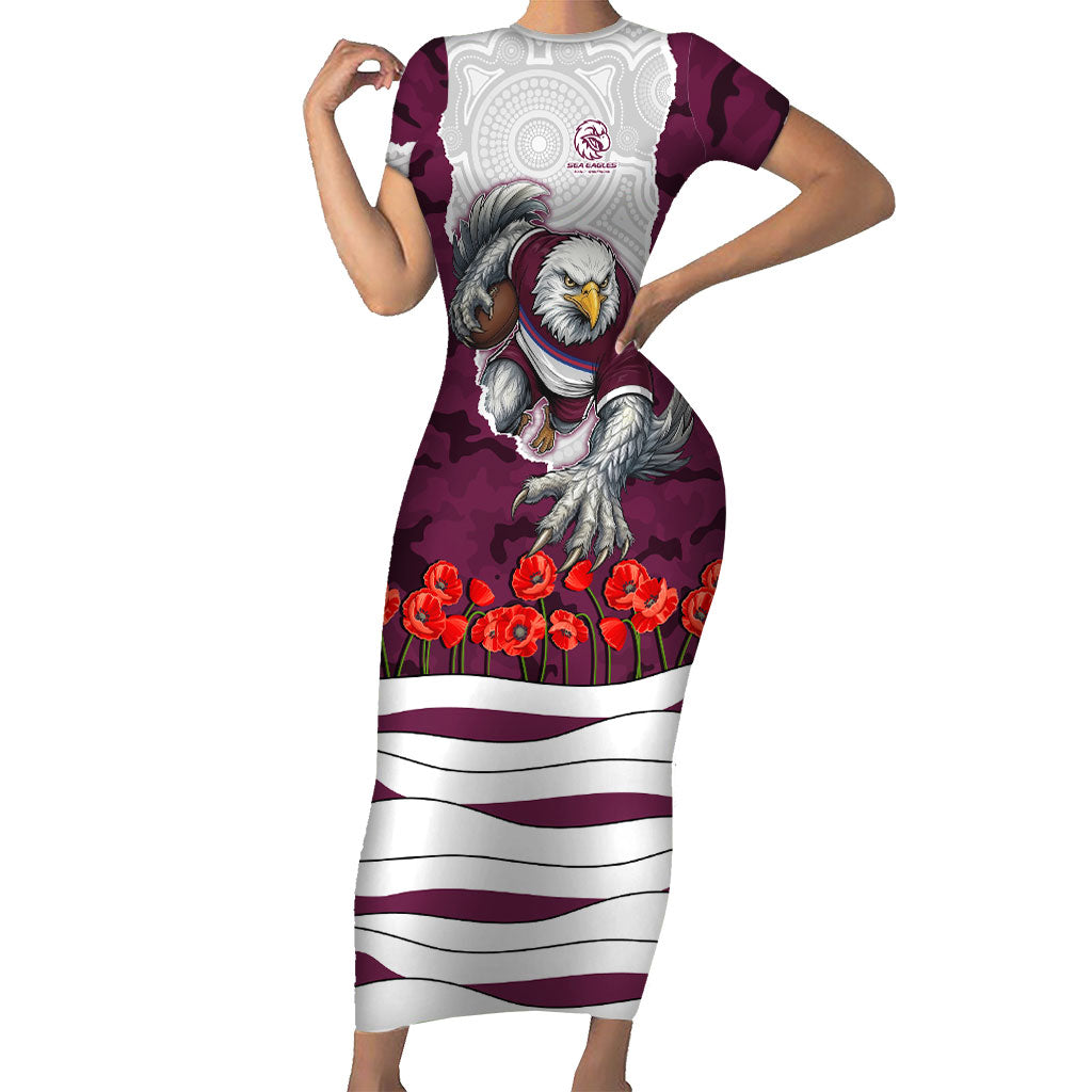 Personalized Sea Eagles ANZAC Tribute Short Sleeve Bodycon Dress Poppy Field Soldier Silhouette Aboriginal Rugby Mascot