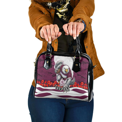 Personalized Sea Eagles ANZAC Tribute Shoulder Handbag Poppy Field Soldier Silhouette Aboriginal Rugby Mascot