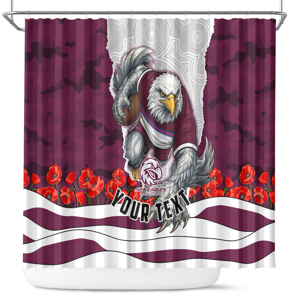 Personalized Sea Eagles ANZAC Tribute Shower Curtain Poppy Field Soldier Silhouette Aboriginal Rugby Mascot