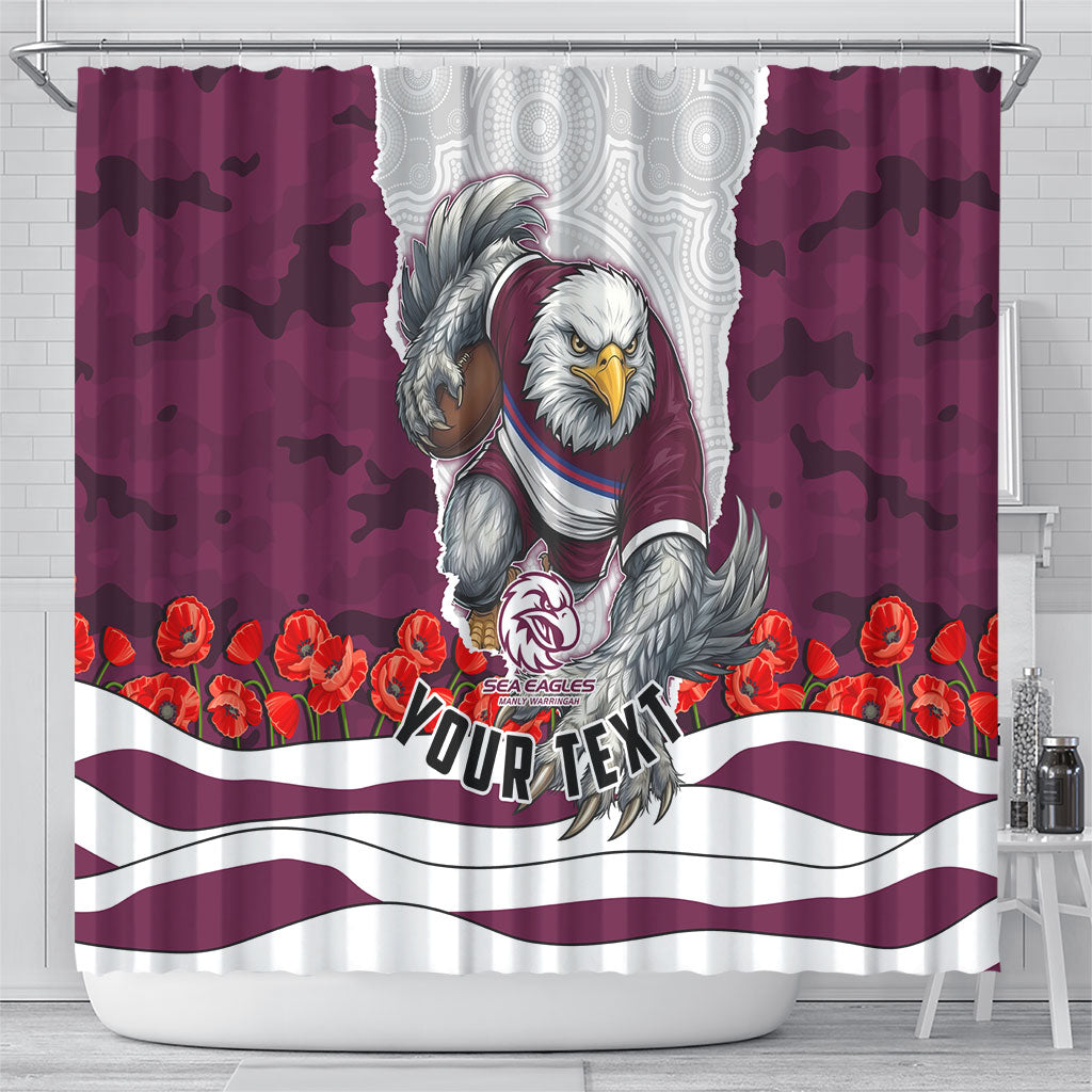 Personalized Sea Eagles ANZAC Tribute Shower Curtain Poppy Field Soldier Silhouette Aboriginal Rugby Mascot