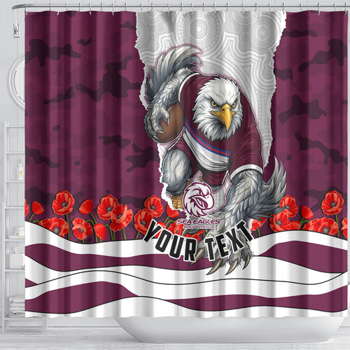 Personalized Sea Eagles ANZAC Tribute Shower Curtain Poppy Field Soldier Silhouette Aboriginal Rugby Mascot