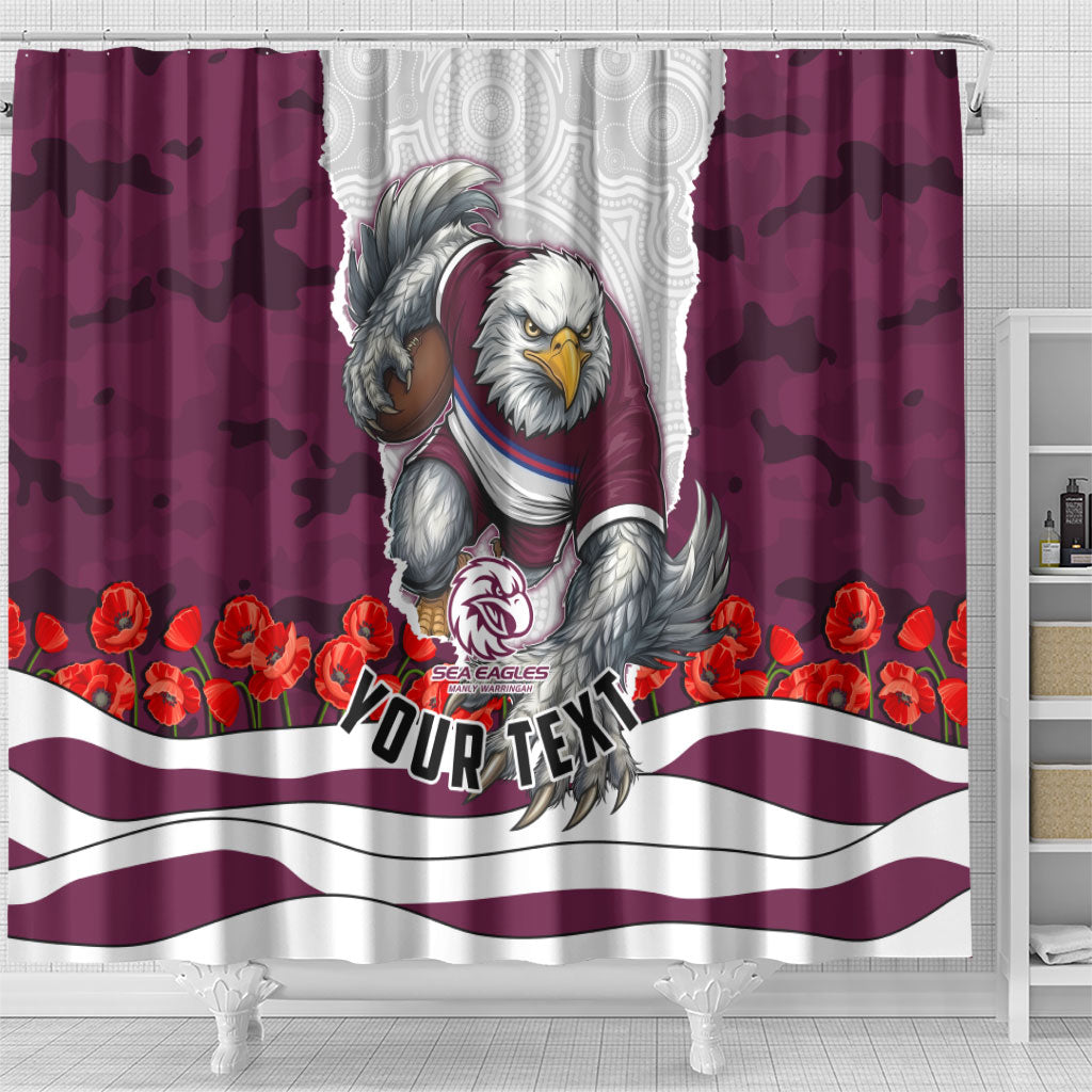 Personalized Sea Eagles ANZAC Tribute Shower Curtain Poppy Field Soldier Silhouette Aboriginal Rugby Mascot