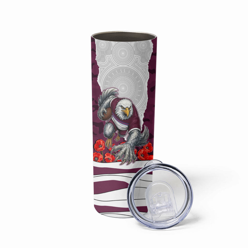Personalized Sea Eagles ANZAC Tribute Skinny Tumbler Poppy Field Soldier Silhouette Aboriginal Rugby Mascot