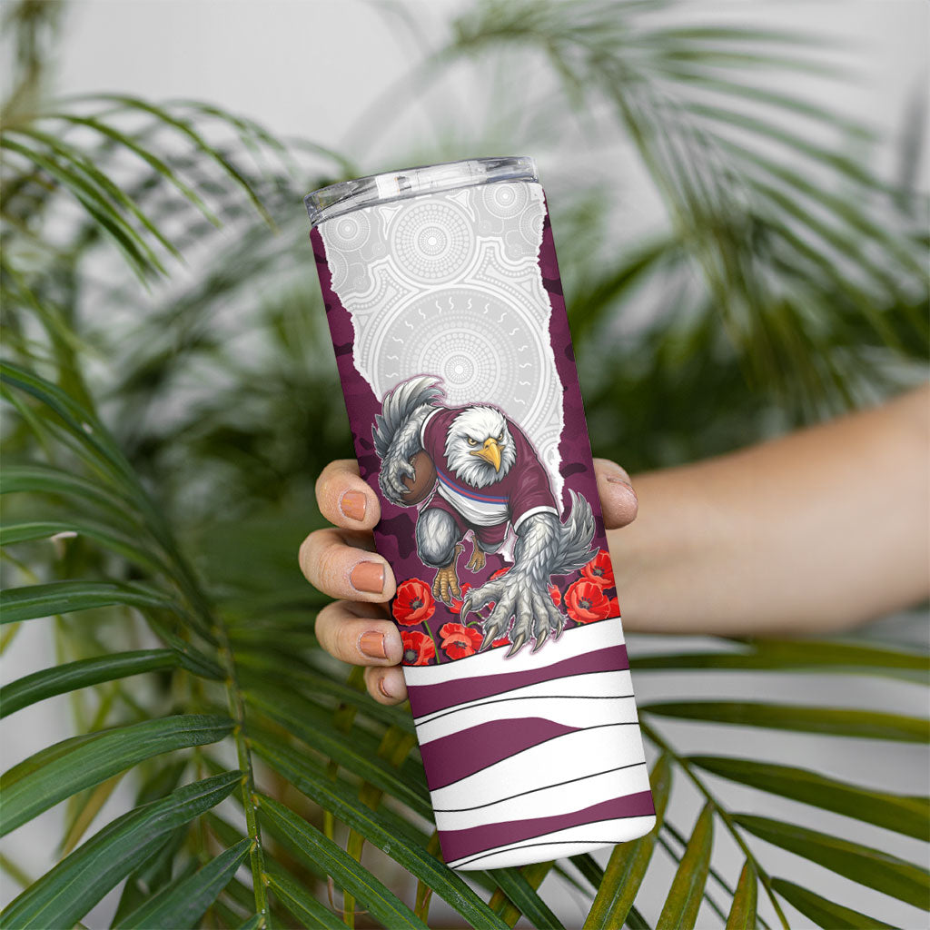 Personalized Sea Eagles ANZAC Tribute Skinny Tumbler Poppy Field Soldier Silhouette Aboriginal Rugby Mascot