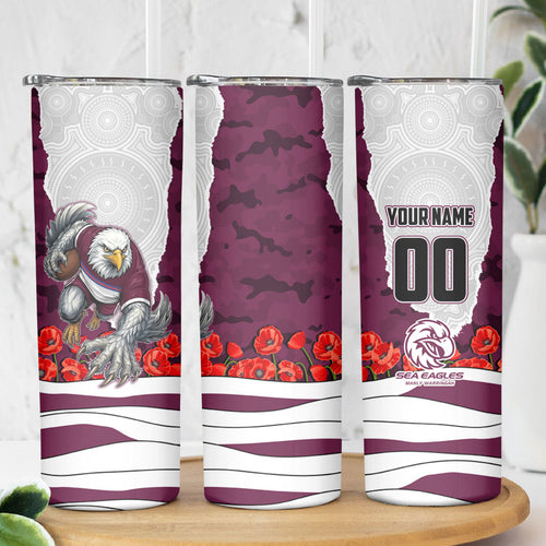 Personalized Sea Eagles ANZAC Tribute Skinny Tumbler Poppy Field Soldier Silhouette Aboriginal Rugby Mascot