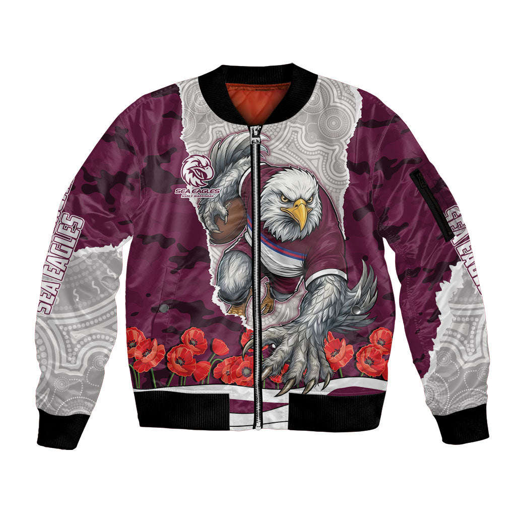 Personalized Sea Eagles ANZAC Tribute Sleeve Zip Bomber Jacket Poppy Field Soldier Silhouette Aboriginal Rugby Mascot
