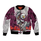 Personalized Sea Eagles ANZAC Tribute Sleeve Zip Bomber Jacket Poppy Field Soldier Silhouette Aboriginal Rugby Mascot