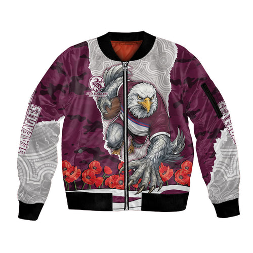 Personalized Sea Eagles ANZAC Tribute Sleeve Zip Bomber Jacket Poppy Field Soldier Silhouette Aboriginal Rugby Mascot