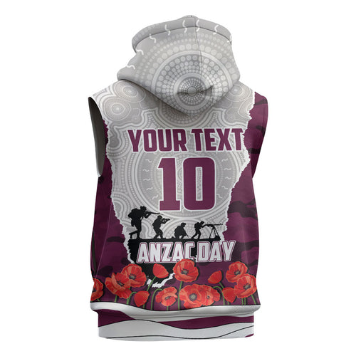 Personalized Sea Eagles ANZAC Tribute Sleeveless Hoodie Poppy Field Soldier Silhouette Aboriginal Rugby Mascot