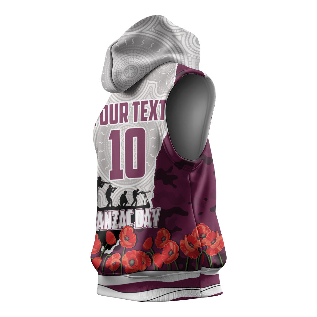 Personalized Sea Eagles ANZAC Tribute Sleeveless Hoodie Poppy Field Soldier Silhouette Aboriginal Rugby Mascot