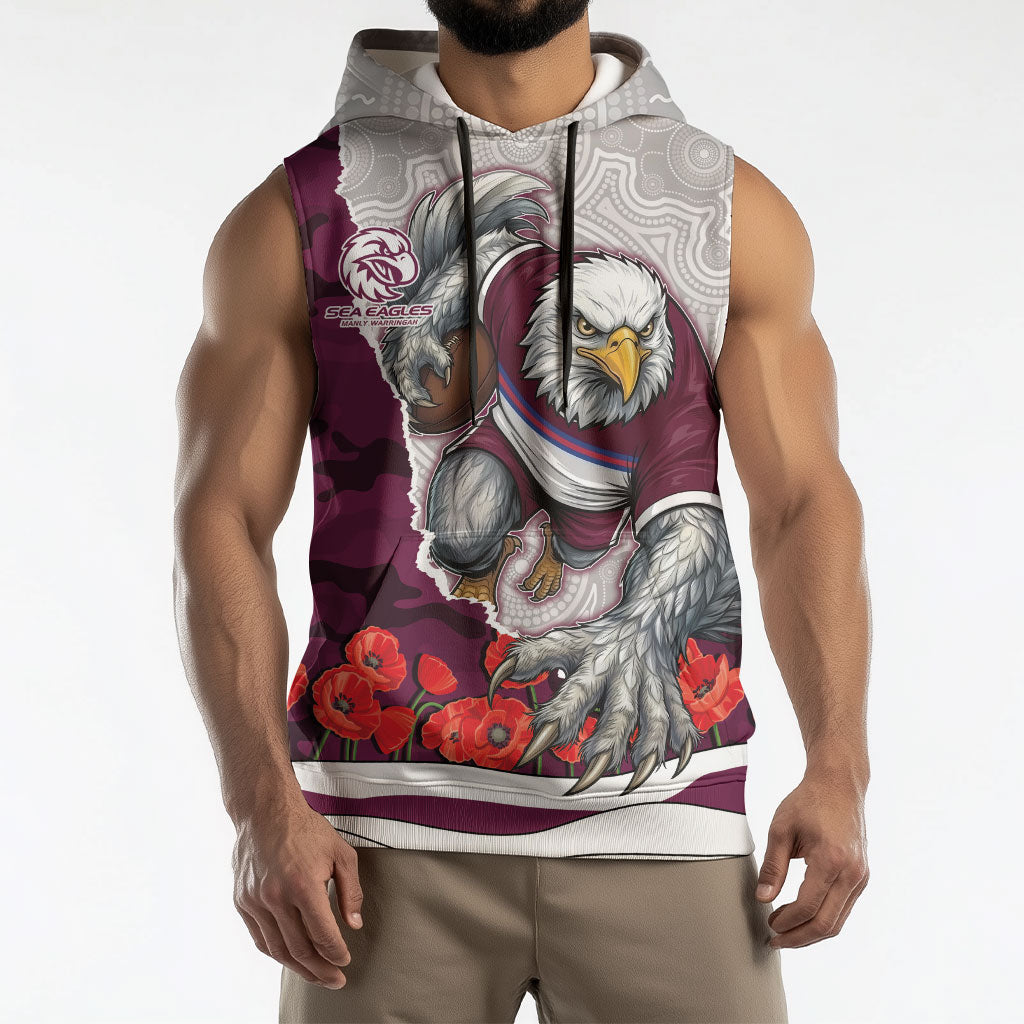 Personalized Sea Eagles ANZAC Tribute Sleeveless Hoodie Poppy Field Soldier Silhouette Aboriginal Rugby Mascot