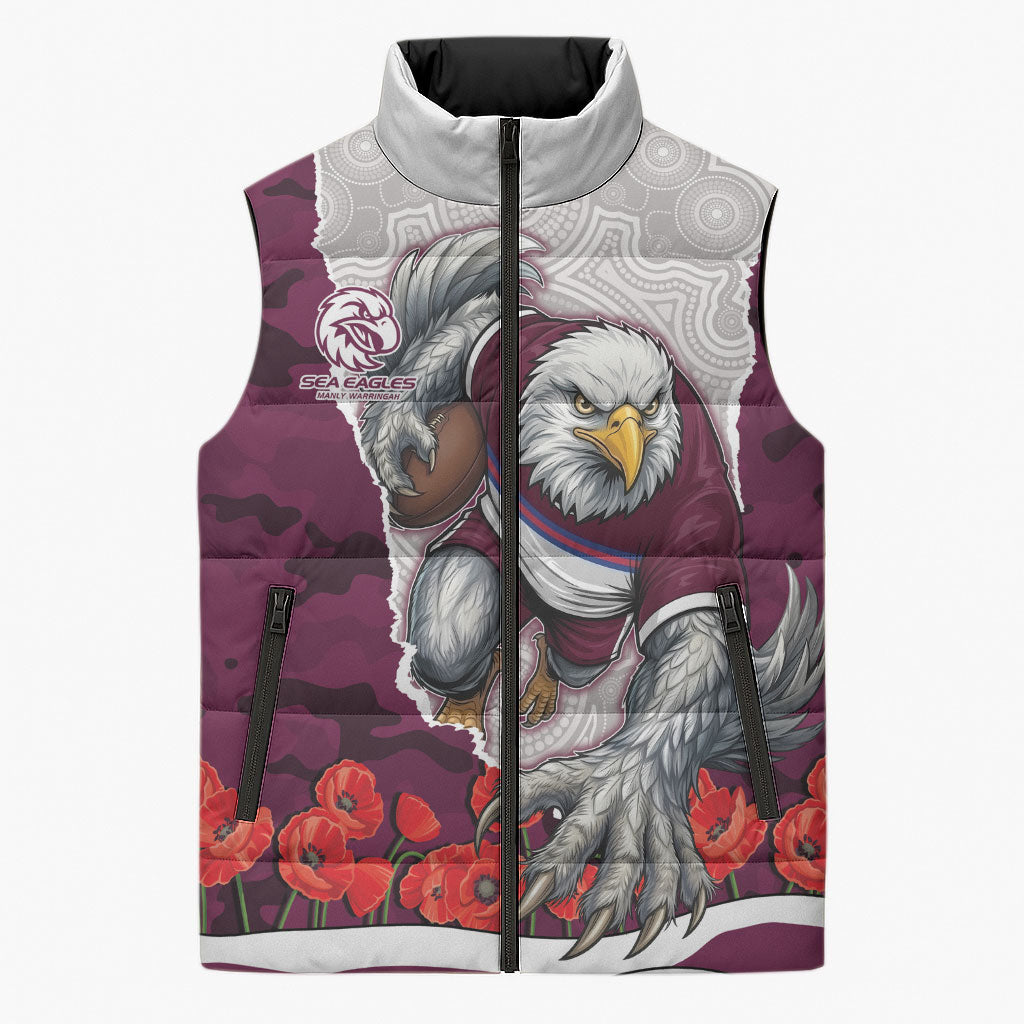 Personalized Sea Eagles ANZAC Tribute Sleeveless Puffer Jacket Poppy Field Soldier Silhouette Aboriginal Rugby Mascot