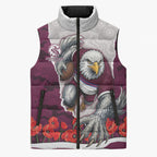 Personalized Sea Eagles ANZAC Tribute Sleeveless Puffer Jacket Poppy Field Soldier Silhouette Aboriginal Rugby Mascot