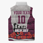 Personalized Sea Eagles ANZAC Tribute Sleeveless Puffer Jacket Poppy Field Soldier Silhouette Aboriginal Rugby Mascot