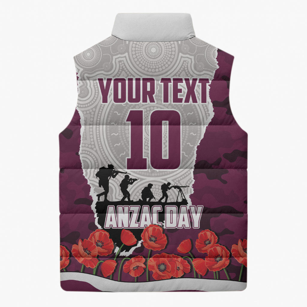 Personalized Sea Eagles ANZAC Tribute Sleeveless Puffer Jacket Poppy Field Soldier Silhouette Aboriginal Rugby Mascot