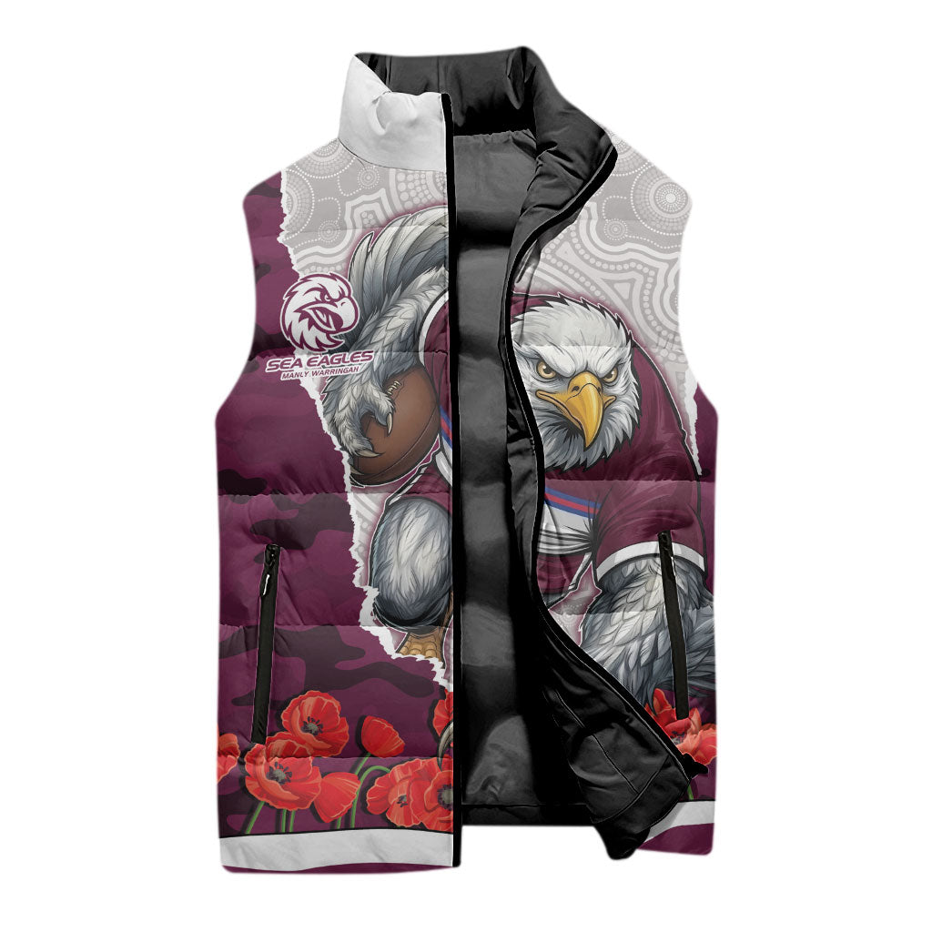 Personalized Sea Eagles ANZAC Tribute Sleeveless Puffer Jacket Poppy Field Soldier Silhouette Aboriginal Rugby Mascot