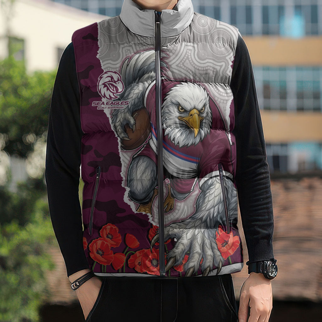 Personalized Sea Eagles ANZAC Tribute Sleeveless Puffer Jacket Poppy Field Soldier Silhouette Aboriginal Rugby Mascot