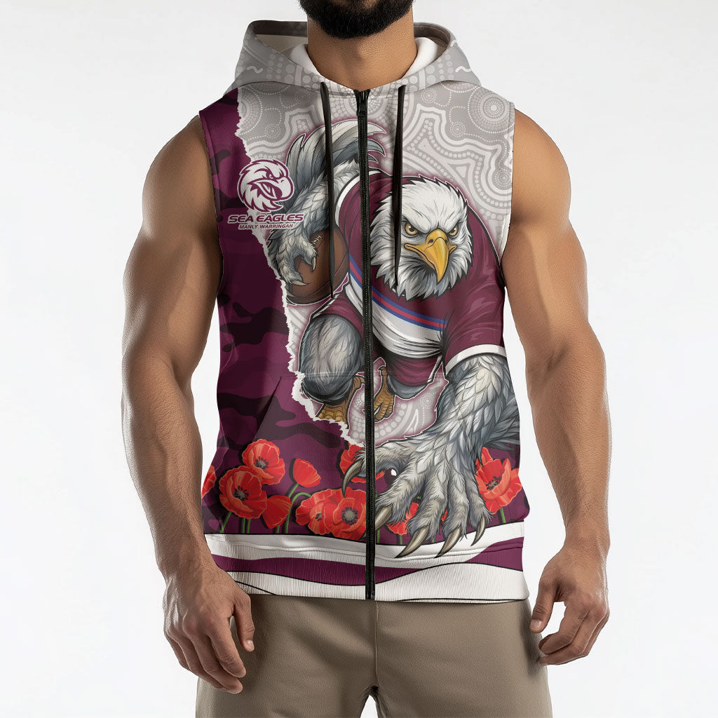Personalized Sea Eagles ANZAC Tribute Sleeveless Zip Hoodie Poppy Field Soldier Silhouette Aboriginal Rugby Mascot