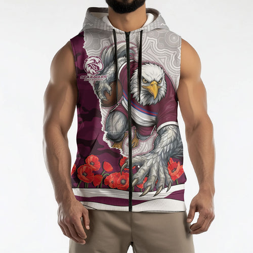 Personalized Sea Eagles ANZAC Tribute Sleeveless Zip Hoodie Poppy Field Soldier Silhouette Aboriginal Rugby Mascot