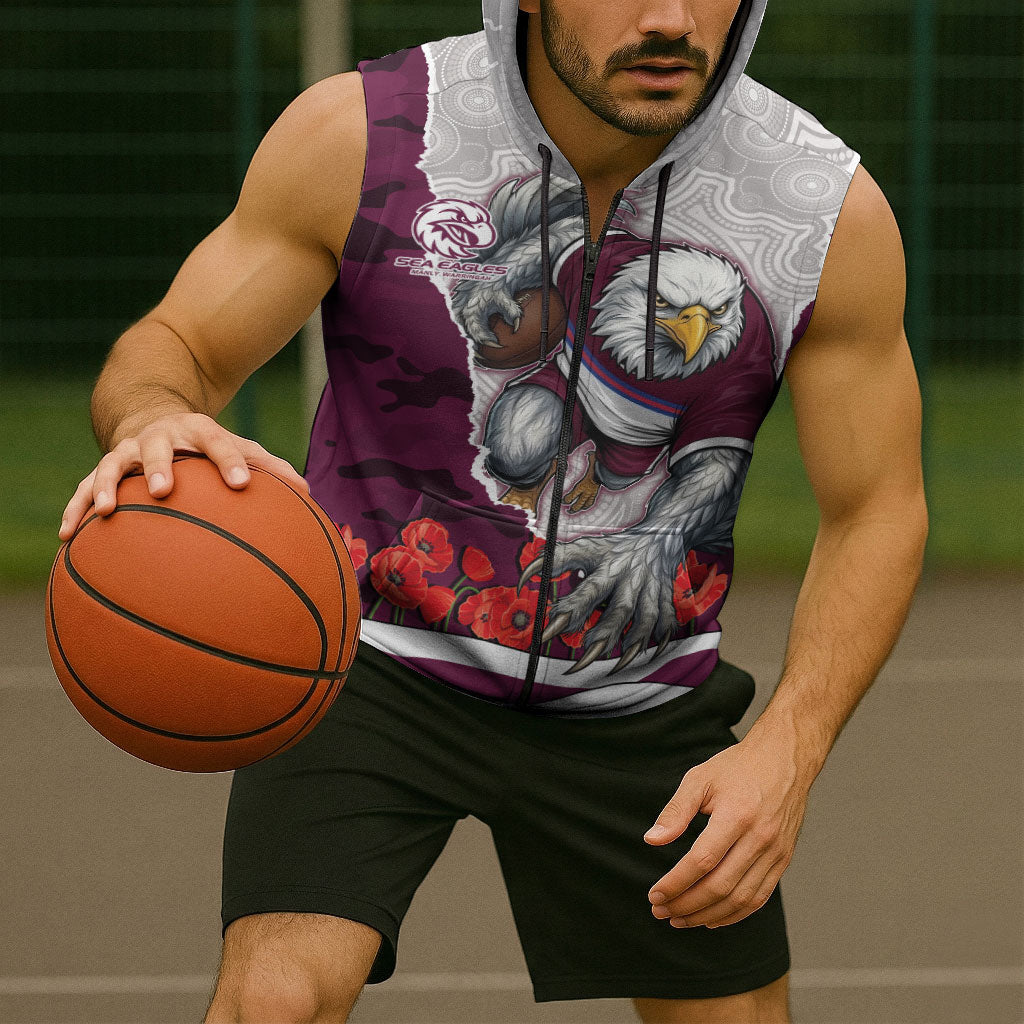 Personalized Sea Eagles ANZAC Tribute Sleeveless Zip Hoodie Poppy Field Soldier Silhouette Aboriginal Rugby Mascot
