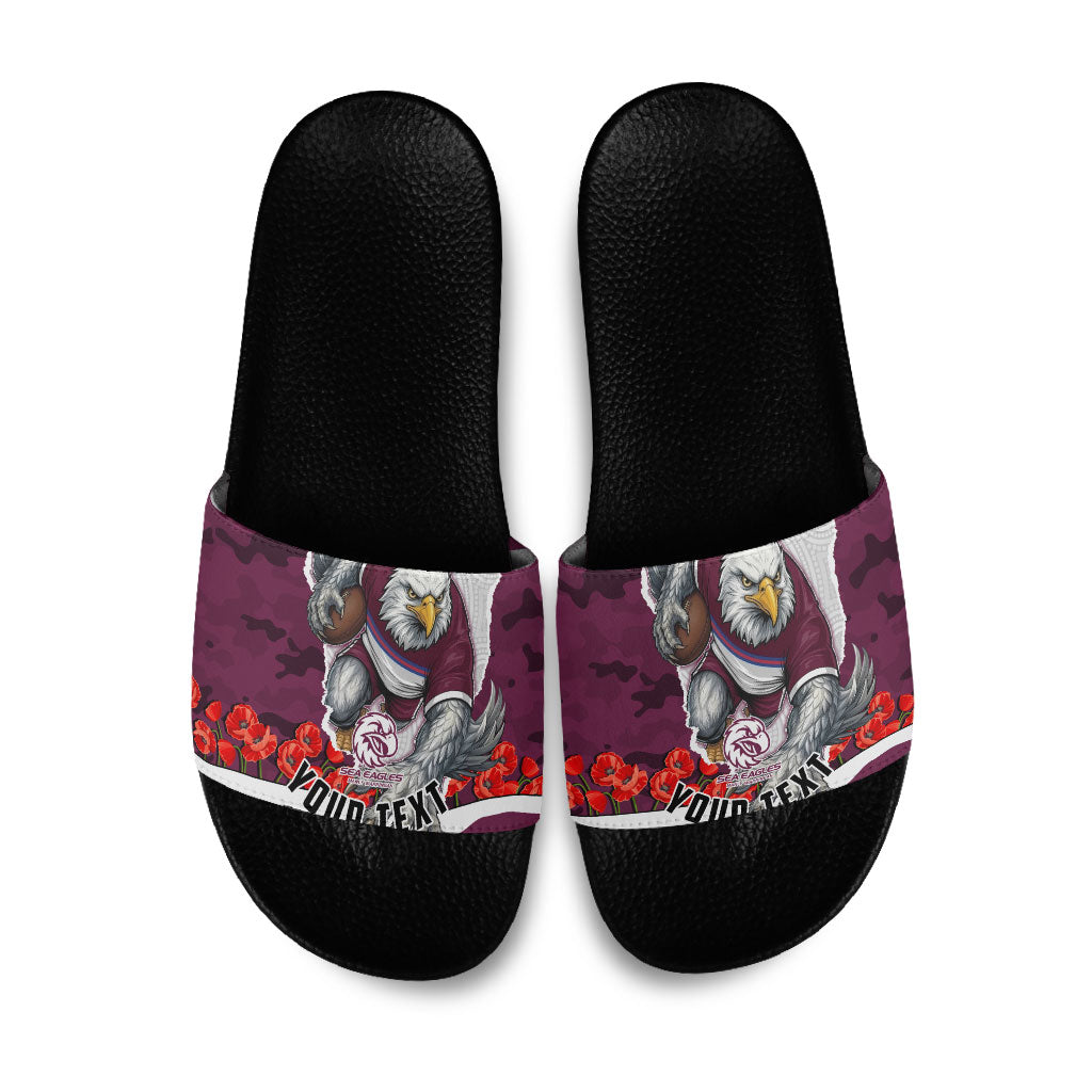 Personalized Sea Eagles ANZAC Tribute Slide Sandals Poppy Field Soldier Silhouette Aboriginal Rugby Mascot