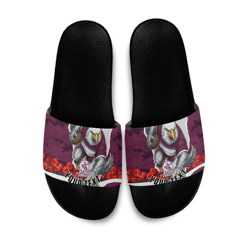 Personalized Sea Eagles ANZAC Tribute Slide Sandals Poppy Field Soldier Silhouette Aboriginal Rugby Mascot