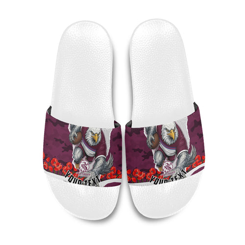 Personalized Sea Eagles ANZAC Tribute Slide Sandals Poppy Field Soldier Silhouette Aboriginal Rugby Mascot